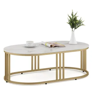 Center Table Derby Oval Shape With Ceramic Top And Metal Under Stucture In Gold