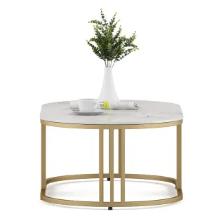Center Table Derby Oval Shape With Ceramic Top And Metal Under Stucture In Gold