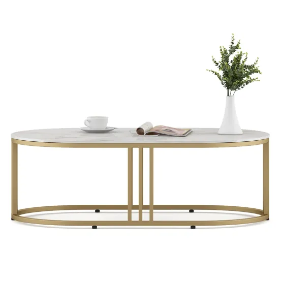 Center Table Derby Oval Shape With Ceramic Top And Metal Under Stucture In Gold