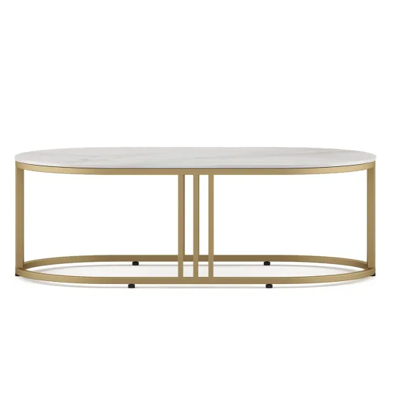 Center Table Derby Oval Shape With Ceramic Top And Metal Under Stucture In Gold