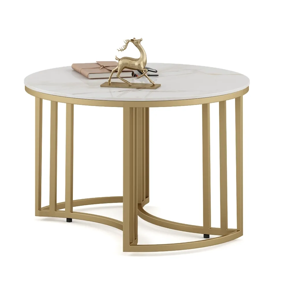 Center Table Derby Round Shape With Ceramic Top And Metal Under Stucture In Gold