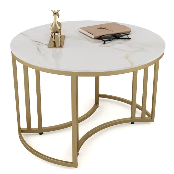 Center Table Derby Round Shape With Ceramic Top And Metal Under Stucture In Gold