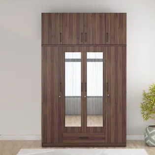 Hover 4 Door Wardrobe Mirror With Loft - Lyon Walnut & Natural Wenge