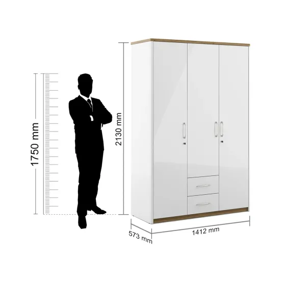 Jupiter 3 Door Wardrobe Without Mirror - High Gloss White