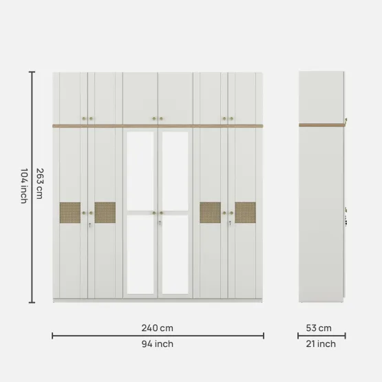 Lilly 6 Door Wardrobe Mirror With Loft - Kingston White