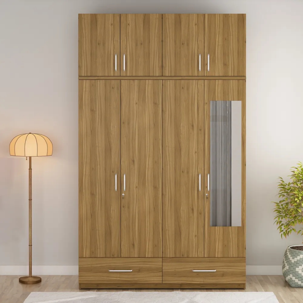 Linden 4 Door Wardrobe Mirror With Loft - Natural Teak