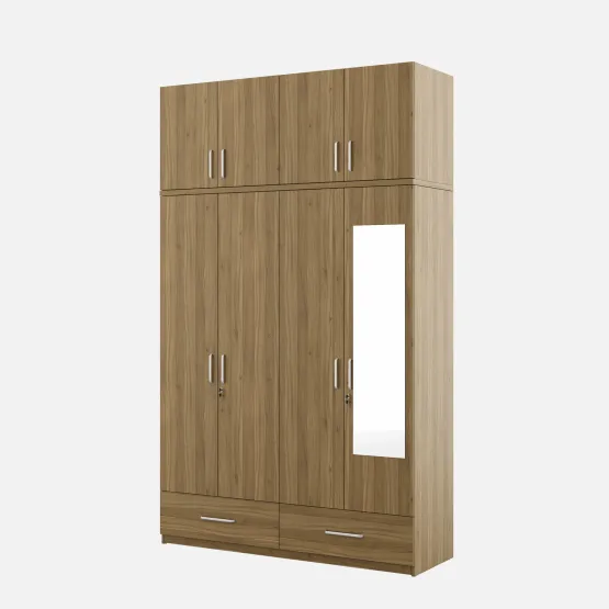 Linden 4 Door Wardrobe Mirror With Loft - Natural Teak
