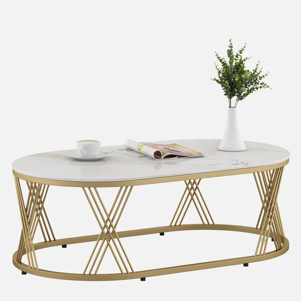 Center Table Roger Oval  With Ceramic Top And Metal Under Structure In Gold