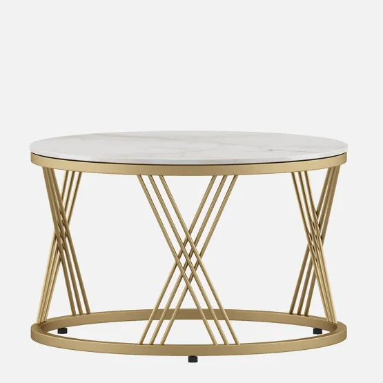 Center Table Roger Round Short With Ceramic Top And Metal Under Structure In Gold