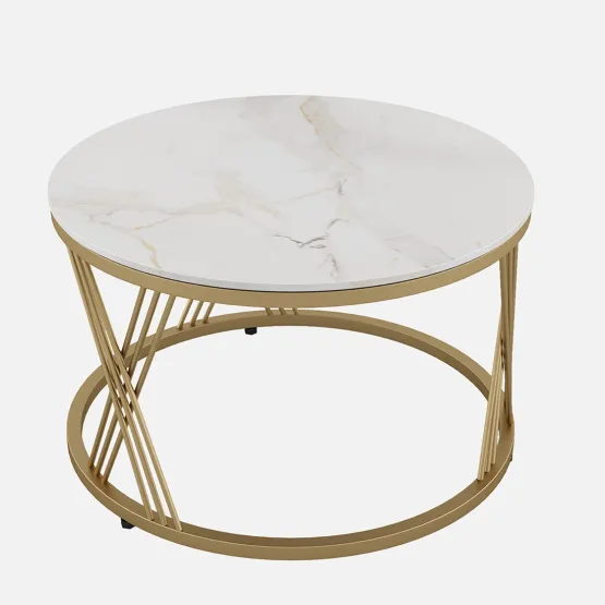 Center Table Roger Round Short With Ceramic Top And Metal Under Structure In Gold