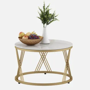 Center Table Roger Round Short With Ceramic Top And Metal Under Structure In Gold