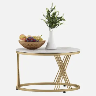 Center Table Roger Round Short With Ceramic Top And Metal Under Structure In Gold