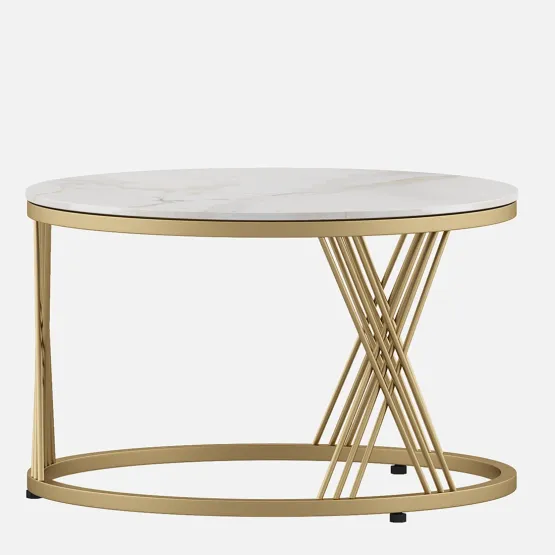 Center Table Roger Round Short With Ceramic Top And Metal Under Structure In Gold